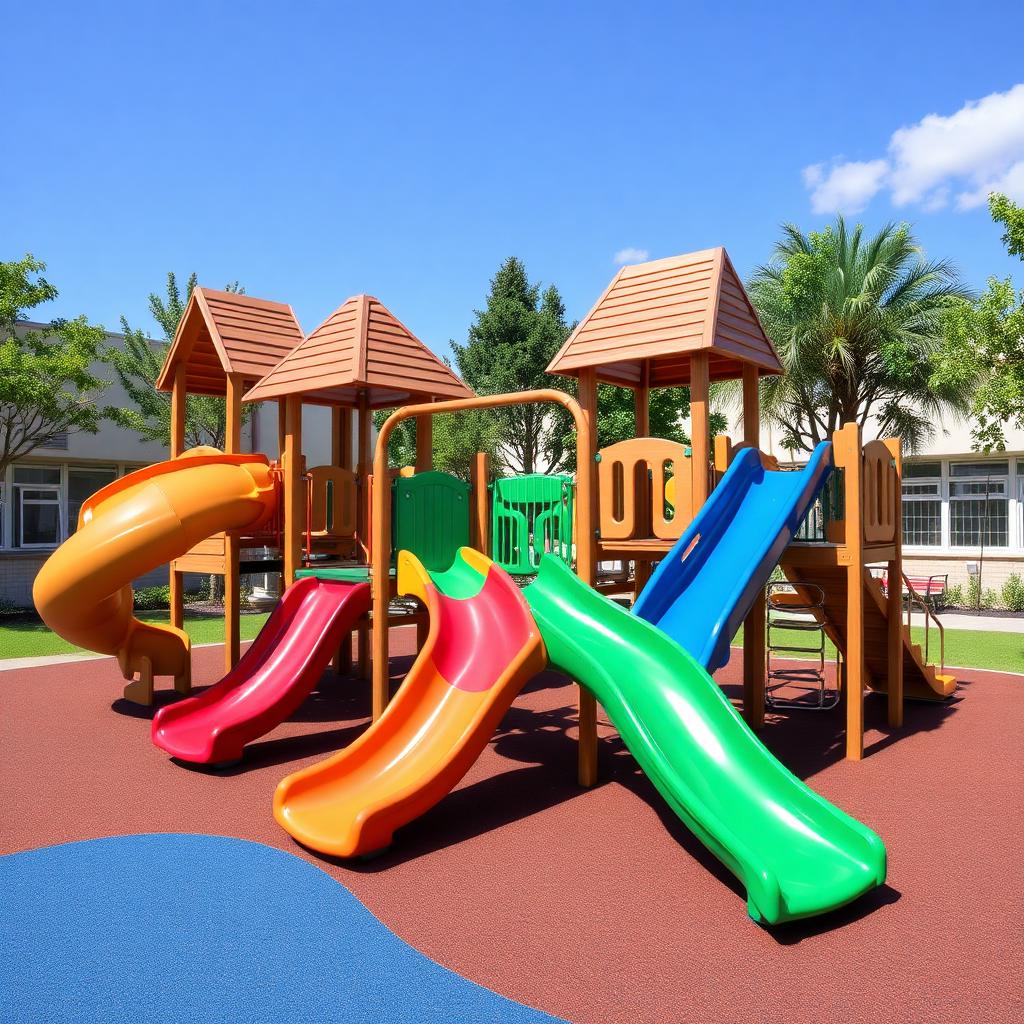 Playground externo com escorregadores coloridos